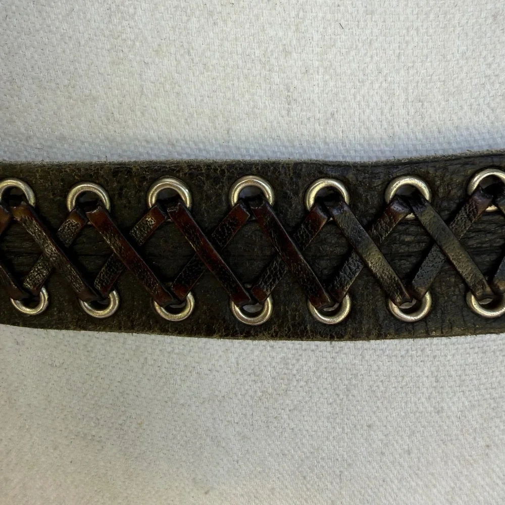 Vintage Distressed Black Leather Lace Up Grommet Belt Silver Buckle Boho Edgy